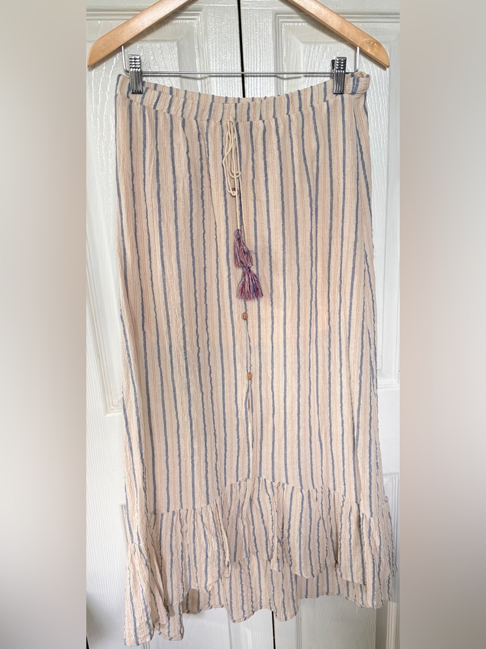 Altard State Striped Linen Blend Midi Skirt Boho Tassel Tie Ruffle Hem Size M